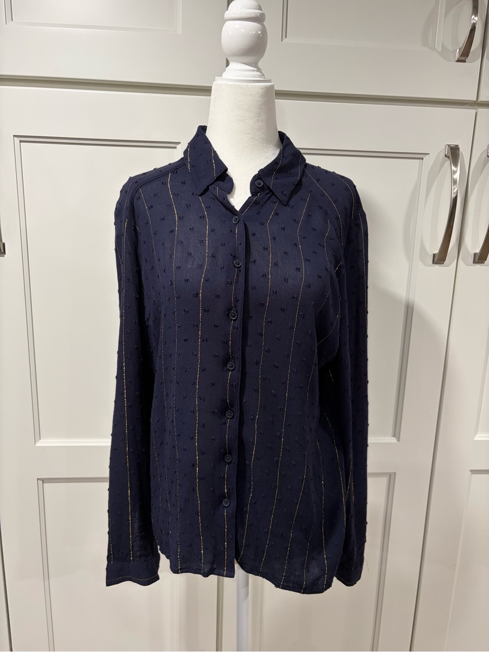Express Women's Navy Button-Up Blouse with Subtle Metallic Stripes
